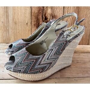 Coach & Four Wedge Shoes Peep Toe Espadrille Sz 6.5 Platform Slingback
